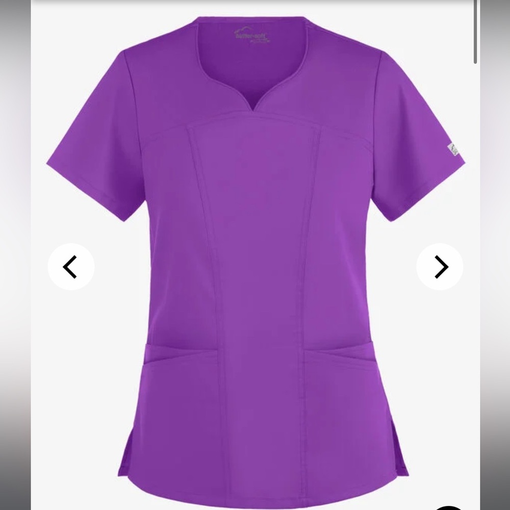 like new  Buttersoft stretch 4-pocket sweetheart neck scrub top purple MED